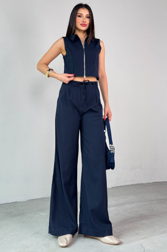 TKM-25102 Lacivert Sıfır Kol Fermuarlı Gömlek Yaka Yelek Yüksek Bel Pantolon İkili Takım - 6