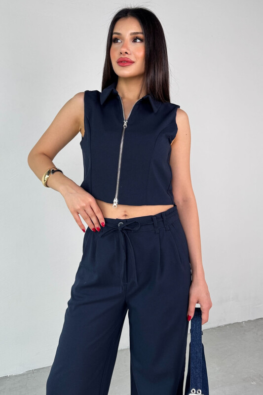 TKM-25102 Lacivert Sıfır Kol Fermuarlı Gömlek Yaka Yelek Yüksek Bel Pantolon İkili Takım - 2