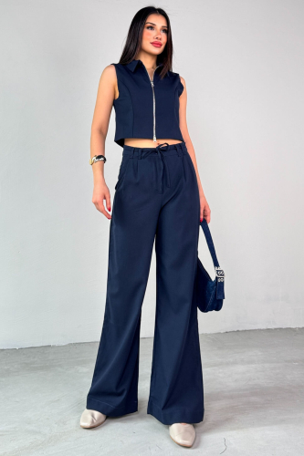 TKM-25102 Lacivert Sıfır Kol Fermuarlı Gömlek Yaka Yelek Yüksek Bel Pantolon İkili Takım