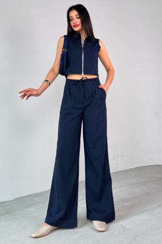 TKM-25102 Lacivert Sıfır Kol Fermuarlı Gömlek Yaka Yelek Yüksek Bel Pantolon İkili Takım - 8