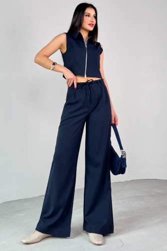 TKM-25102 Lacivert Sıfır Kol Fermuarlı Gömlek Yaka Yelek Yüksek Bel Pantolon İkili Takım - 7