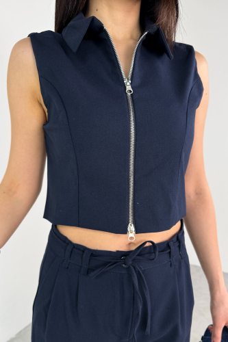 TKM-25102 Lacivert Sıfır Kol Fermuarlı Gömlek Yaka Yelek Yüksek Bel Pantolon İkili Takım - 3