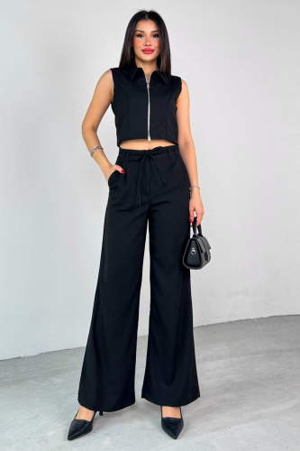 TKM-25102 Siyah Sıfır Kol Fermuarlı Gömlek Yaka Yelek Yüksek Bel Pantolon İkili Takım - 1