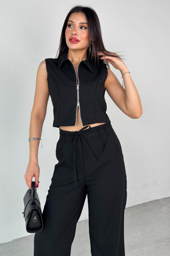 TKM-25102 Siyah Sıfır Kol Fermuarlı Gömlek Yaka Yelek Yüksek Bel Pantolon İkili Takım - 2