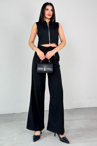 TKM-25102 Siyah Sıfır Kol Fermuarlı Gömlek Yaka Yelek Yüksek Bel Pantolon İkili Takım - 5