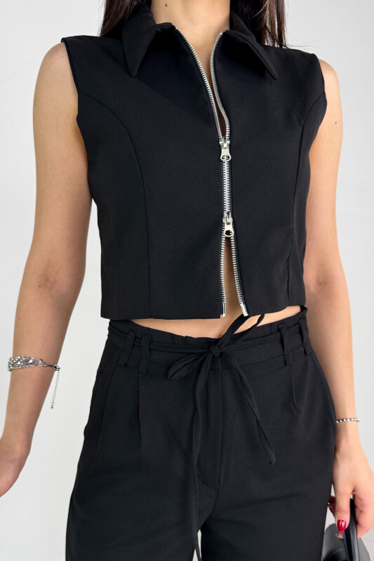 TKM-25102 Siyah Sıfır Kol Fermuarlı Gömlek Yaka Yelek Yüksek Bel Pantolon İkili Takım - 6