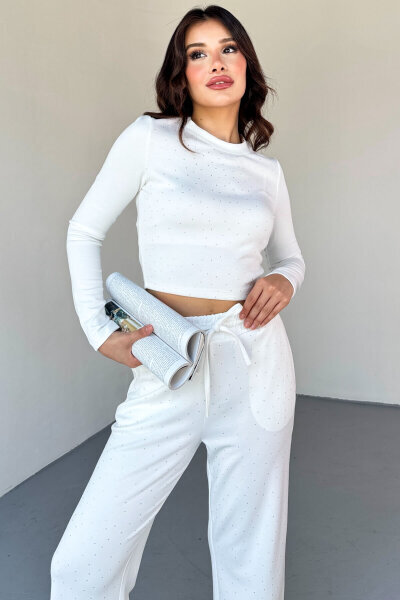 TKM-2559 Beyaz Taş Detaylı Uzun Kollu Üst & Lastikli Pantolon Takım (1)