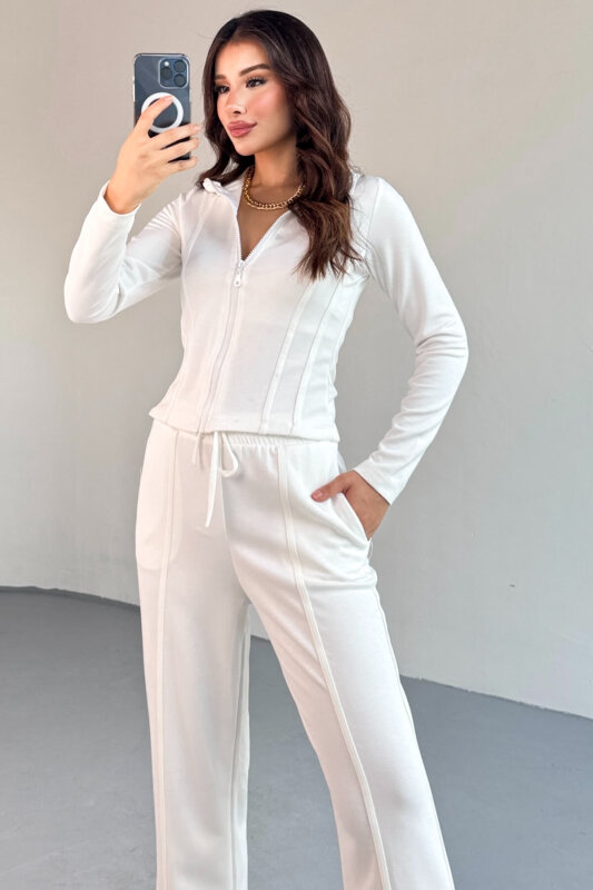 TKM-2580 Beyaz Fermuarlı Dik Yaka Dikiş Detaylı Spor Takım - 4