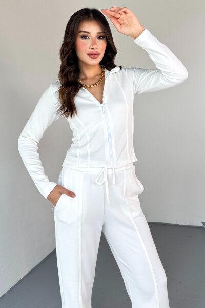 TKM-2580 Beyaz Fermuarlı Dik Yaka Dikiş Detaylı Spor Takım (1)