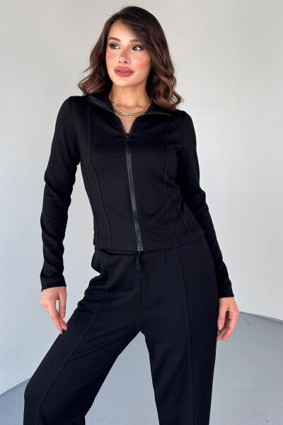 TKM-2580 Siyah Fermuarlı Dik Yaka Dikiş Detaylı Spor Takım (1)