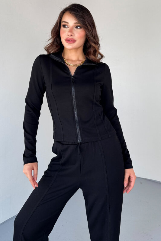 TKM-2580 Siyah Fermuarlı Dik Yaka Dikiş Detaylı Spor Takım - 2