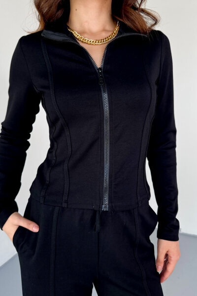 TKM-2580 Siyah Fermuarlı Dik Yaka Dikiş Detaylı Spor Takım - 4