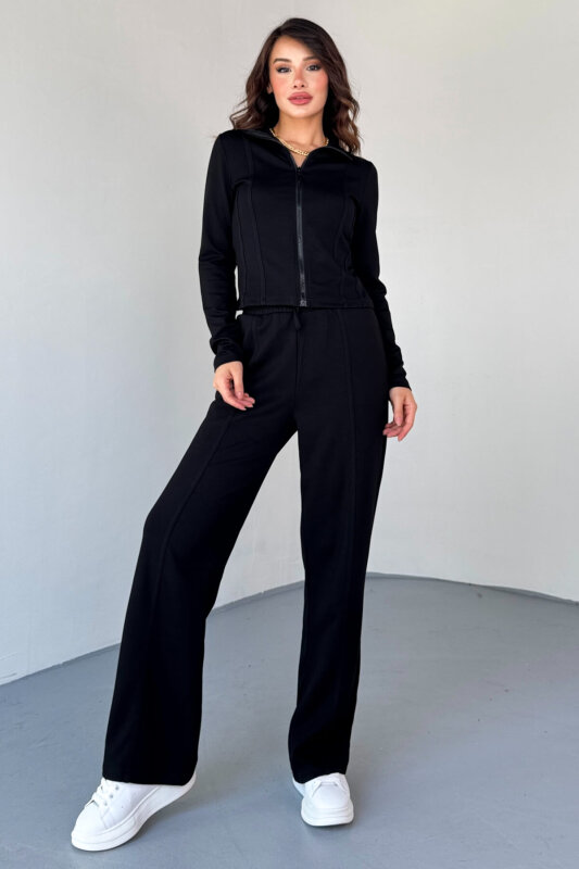 TKM-2580 Siyah Fermuarlı Dik Yaka Dikiş Detaylı Spor Takım - 5