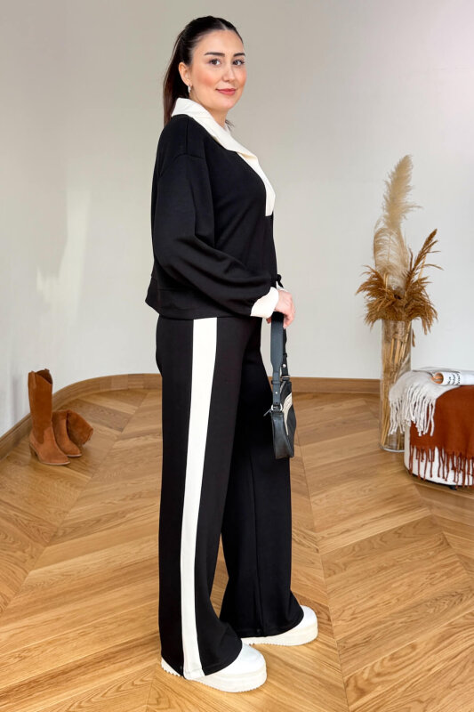 TKM-35586 Siyah Şal Yaka Şerit Detaylı İthal Modal Kumaş İkili Takım - 8