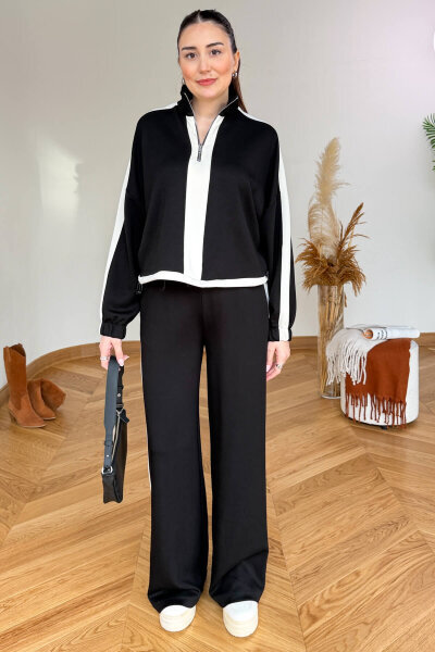 TKM-35704 Siyah Şerit Detaylı Dik Yaka Fermuarlı Bel Büzgülü İkili Takım - 3