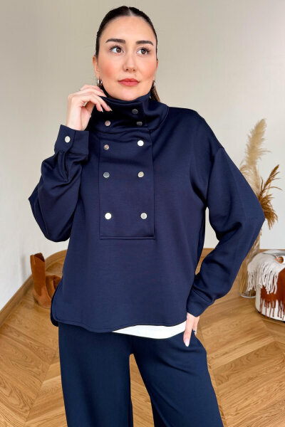 TKM-36704 Lacivert Çıtçıtlı Tasarım Yaka İthal Modal Kumaş İkili Takım - Cappmoda (1)
