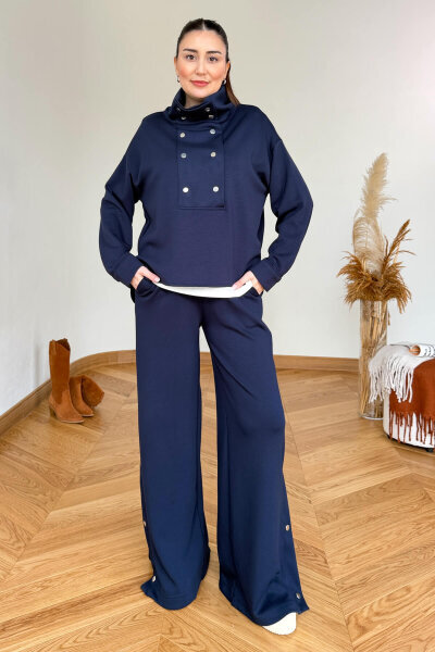 TKM-36704 Lacivert Çıtçıtlı Tasarım Yaka İthal Modal Kumaş İkili Takım - 4