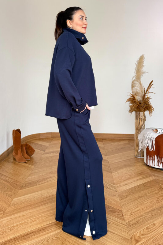 TKM-36704 Lacivert Çıtçıtlı Tasarım Yaka İthal Modal Kumaş İkili Takım - 5