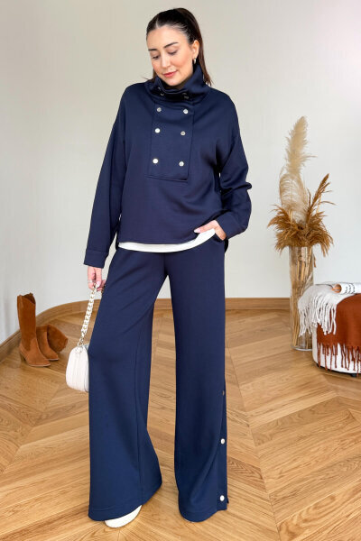 TKM-36704 Lacivert Çıtçıtlı Tasarım Yaka İthal Modal Kumaş İkili Takım - Cappmoda