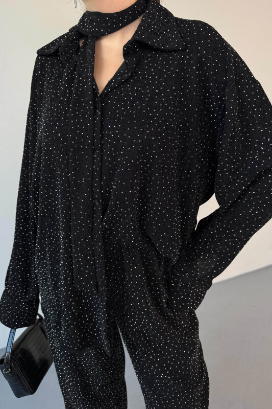 TKM-6025 Siyah Kendinden Taşlı İthal Gofre Kumaş Boyun Bağlamalı Gömlek & Pantolon İkili Takım - 3