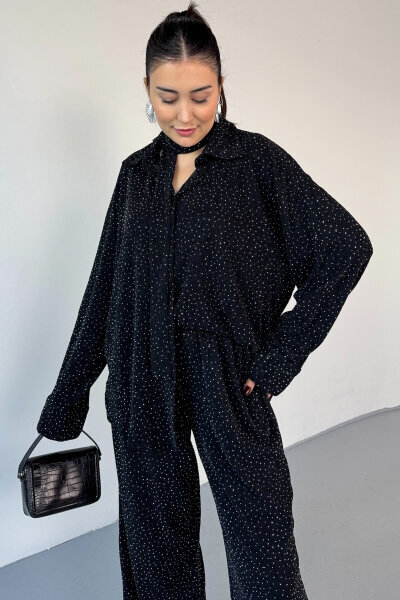 TKM-6025 Siyah Kendinden Taşlı İthal Gofre Kumaş Boyun Bağlamalı Gömlek & Pantolon İkili Takım - 2