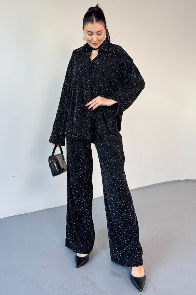TKM-6025 Siyah Kendinden Taşlı İthal Gofre Kumaş Boyun Bağlamalı Gömlek & Pantolon İkili Takım - 5