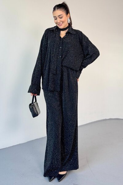 TKM-6025 Siyah Kendinden Taşlı İthal Gofre Kumaş Boyun Bağlamalı Gömlek & Pantolon İkili Takım - 4