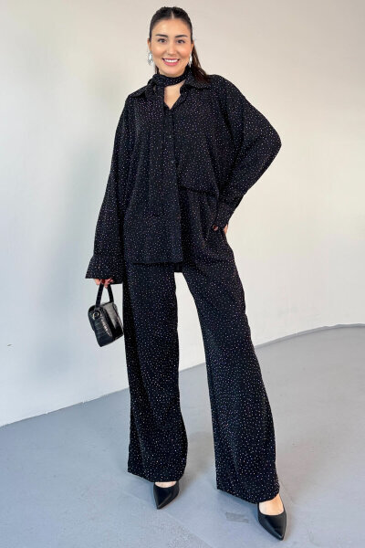 TKM-6025 Siyah Kendinden Taşlı İthal Gofre Kumaş Boyun Bağlamalı Gömlek & Pantolon İkili Takım - 1