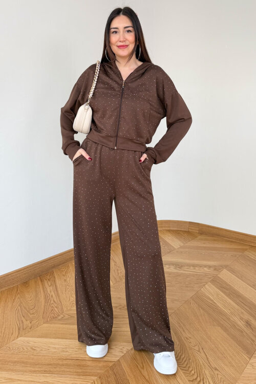 TKM-6132 Acı Kahve Taş İşlemeli Kapüşonlu Modal Takım - 4