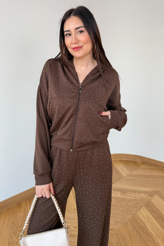 TKM-6132 Acı Kahve Taş İşlemeli Kapüşonlu Modal Takım - 2