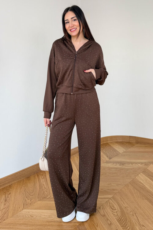 TKM-6132 Acı Kahve Taş İşlemeli Kapüşonlu Modal Takım - 1