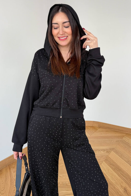 TKM-6132 Siyah Taş İşlemeli Kapüşonlu Modal Takım - 4