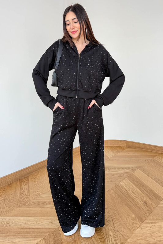 TKM-6132 Siyah Taş İşlemeli Kapüşonlu Modal Takım - 1