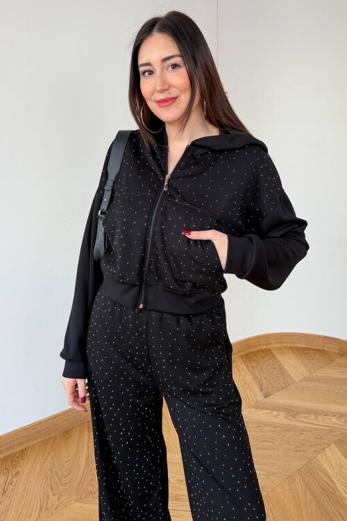 TKM-6132 Siyah Taş İşlemeli Kapüşonlu Modal Takım - 2