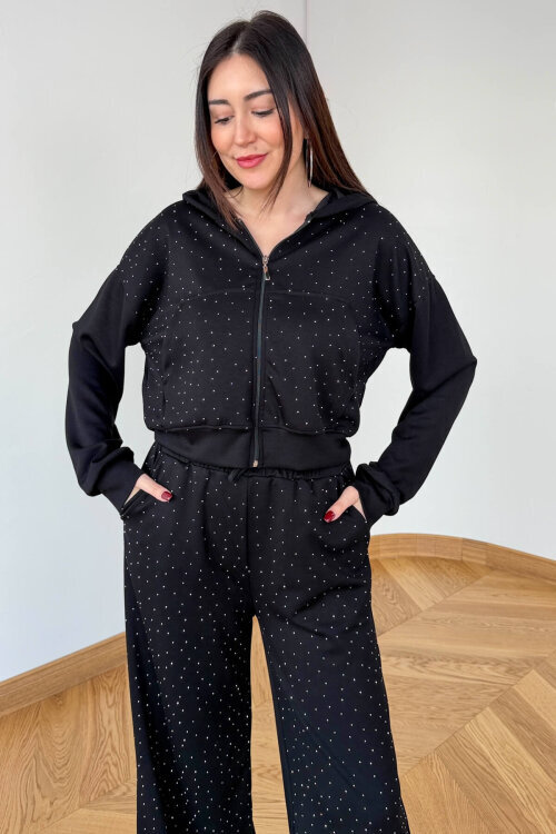 TKM-6132 Siyah Taş İşlemeli Kapüşonlu Modal Takım - 5