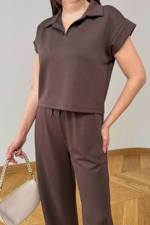 TKM-6698 Kahverengi Polo Yaka Modal Kumaş İkili Takım - 2
