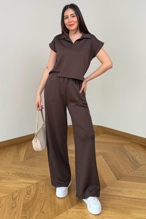 TKM-6698 Kahverengi Polo Yaka Modal Kumaş İkili Takım - 4