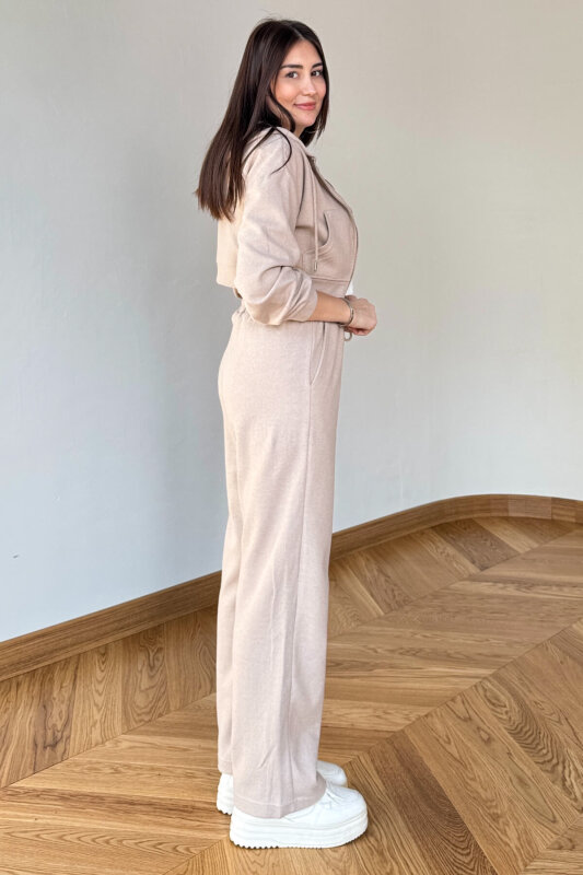 TKM-7032 Bej Selanik Kumaş Kapüşonlu Yumoş Crop Takım - 3