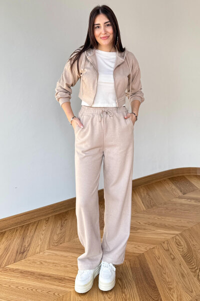 TKM-7032 Bej Selanik Kumaş Kapüşonlu Yumoş Crop Takım