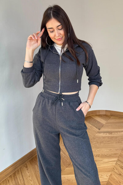 TKM-7032 Füme Selanik Kumaş Kapüşonlu Yumoş Crop Takım (1)