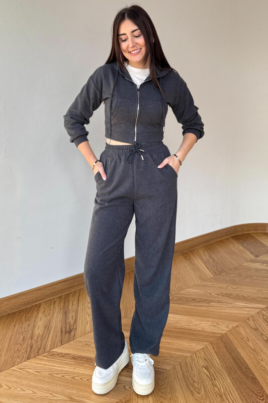 TKM-7032 Füme Selanik Kumaş Kapüşonlu Yumoş Crop Takım - 1