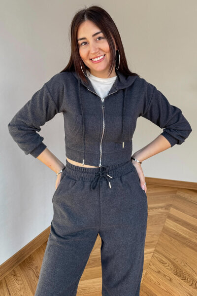 TKM-7032 Füme Selanik Kumaş Kapüşonlu Yumoş Crop Takım - 5