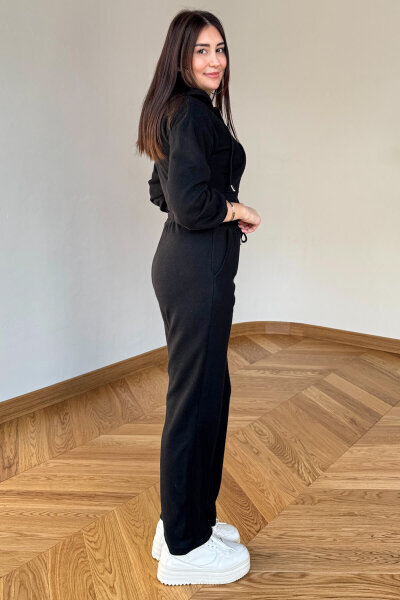 TKM-7032 Siyah Selanik Kumaş Kapüşonlu Yumoş Crop Takım - 3