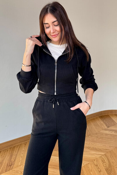 TKM-7032 Siyah Selanik Kumaş Kapüşonlu Yumoş Crop Takım (1)