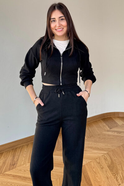 TKM-7032 Siyah Selanik Kumaş Kapüşonlu Yumoş Crop Takım - 4