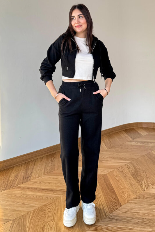 TKM-7032 Siyah Selanik Kumaş Kapüşonlu Yumoş Crop Takım - 1