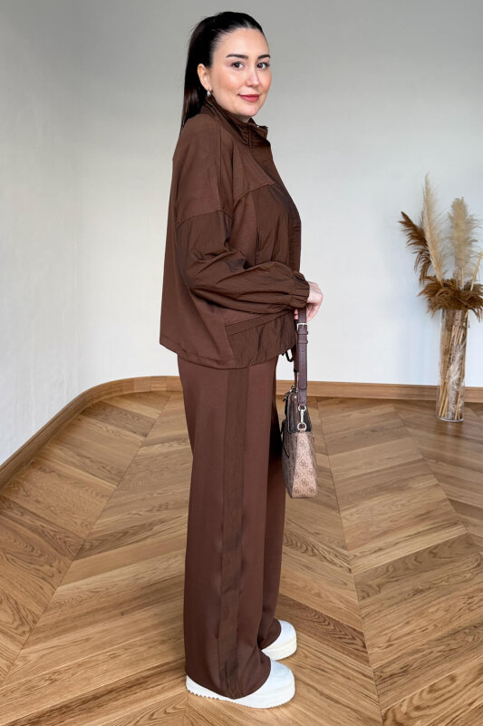 TKM-7039 Acı Kahve Dik Yaka Fermuarlı Paraşüt Modal Takım - 3