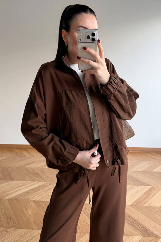 TKM-7039 Acı Kahve Dik Yaka Fermuarlı Paraşüt Modal Takım - 4