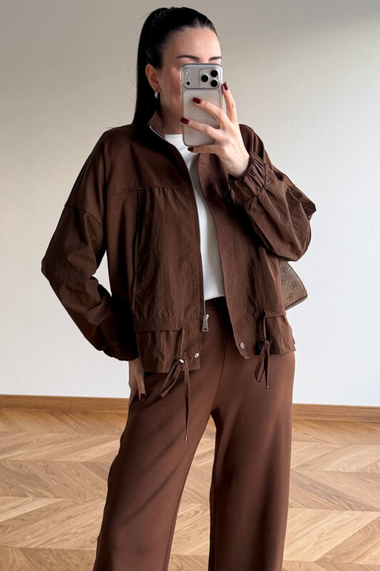 TKM-7039 Acı Kahve Dik Yaka Fermuarlı Paraşüt Modal Takım - 5