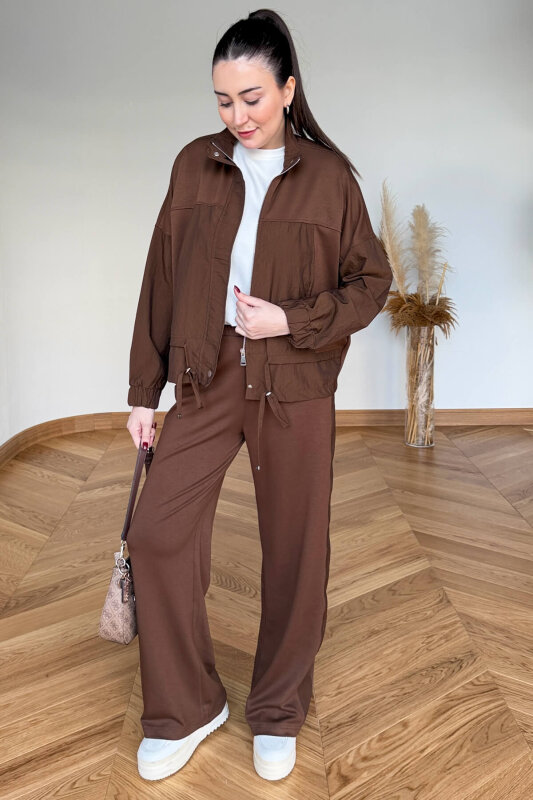 TKM-7039 Acı Kahve Dik Yaka Fermuarlı Paraşüt Modal Takım - 1